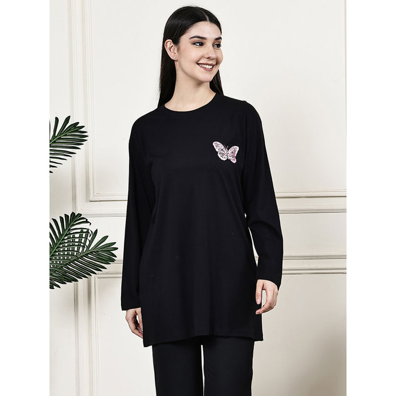 Kanvin Women Black Long T-Shirt with Slit (XL)