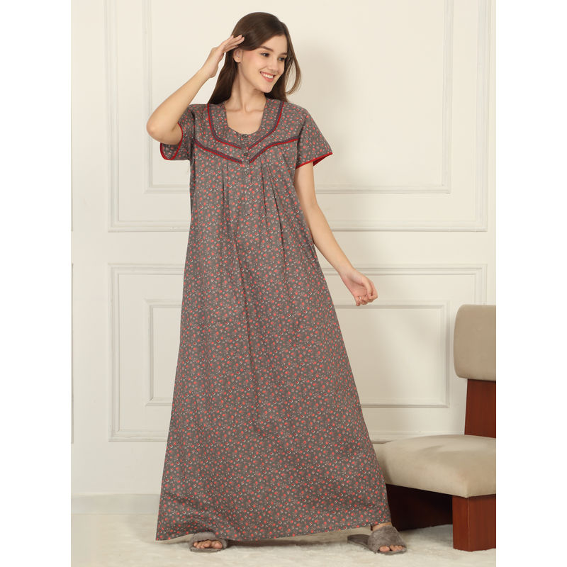 Sweet Dreams Women Grey Floral Printed Full Length Night Dress (M)
