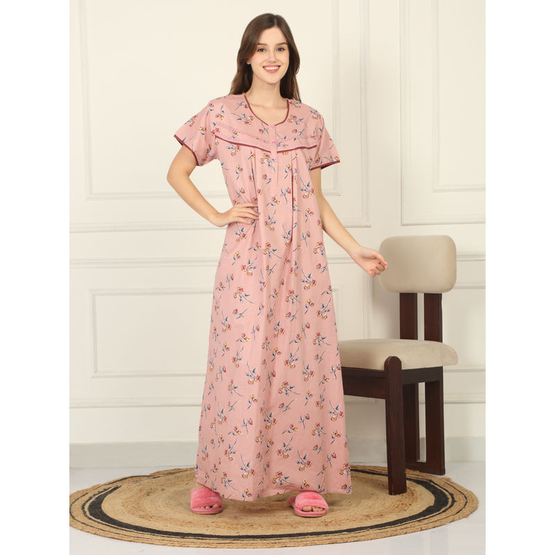 Sweet Dreams Women Peach Floral Printed Full Length Night Dress (M)