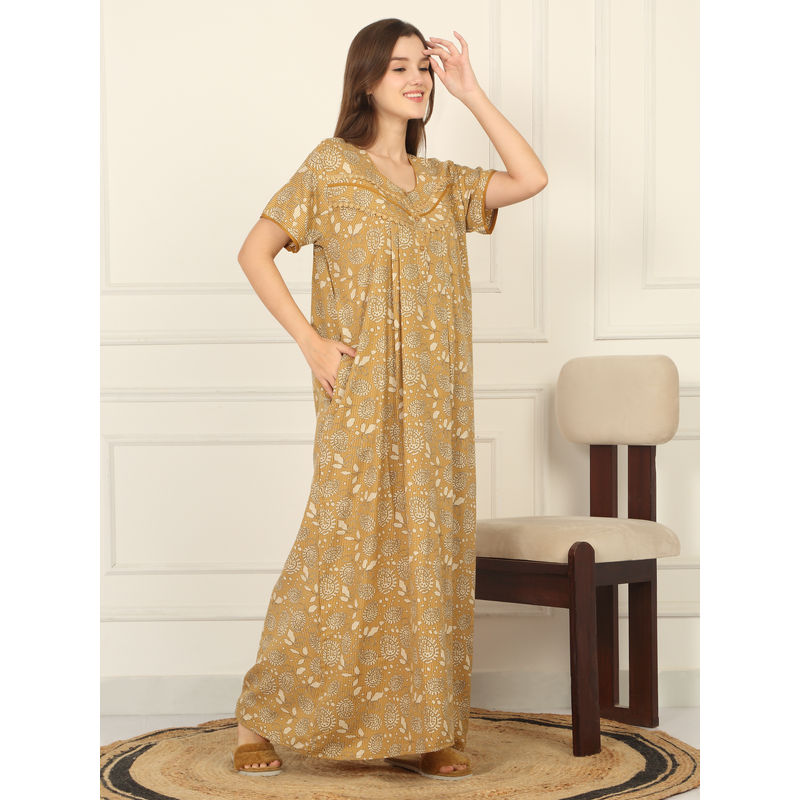 Sweet Dreams Women Mustard Printed Full Length Night Dress (M)