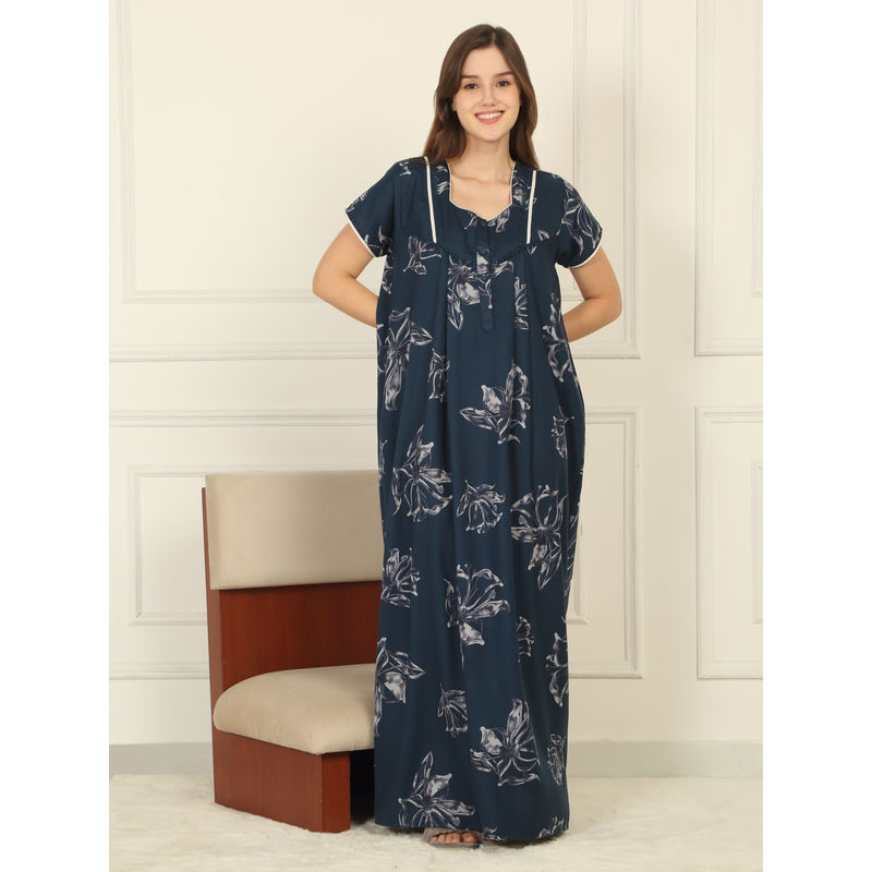 Sweet Dreams Women Teal Floral Printed Full Length Night Dress (M)