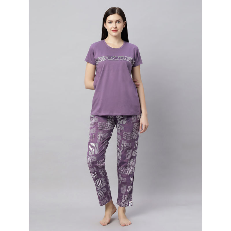 Quira Women Purple Printed Regular Fit T-shirt & Pyjama (M)