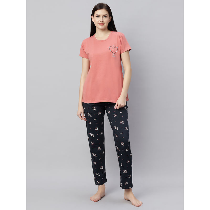 Quira Women Pink Printed Regular Fit T-shirt & Pyjama (M)