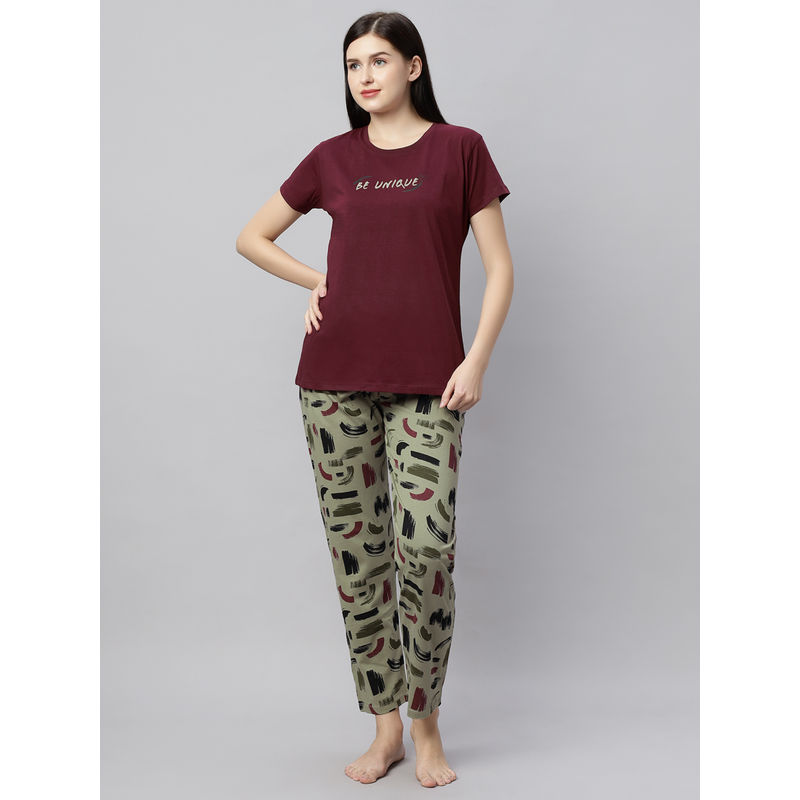 Quira Women Wine Printed Regular Fit T-shirt & Pyjama (L)