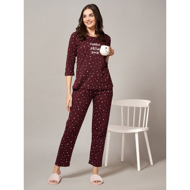 Quira Women Wine Printed Regular Fit T-shirt & Pyjama (S)