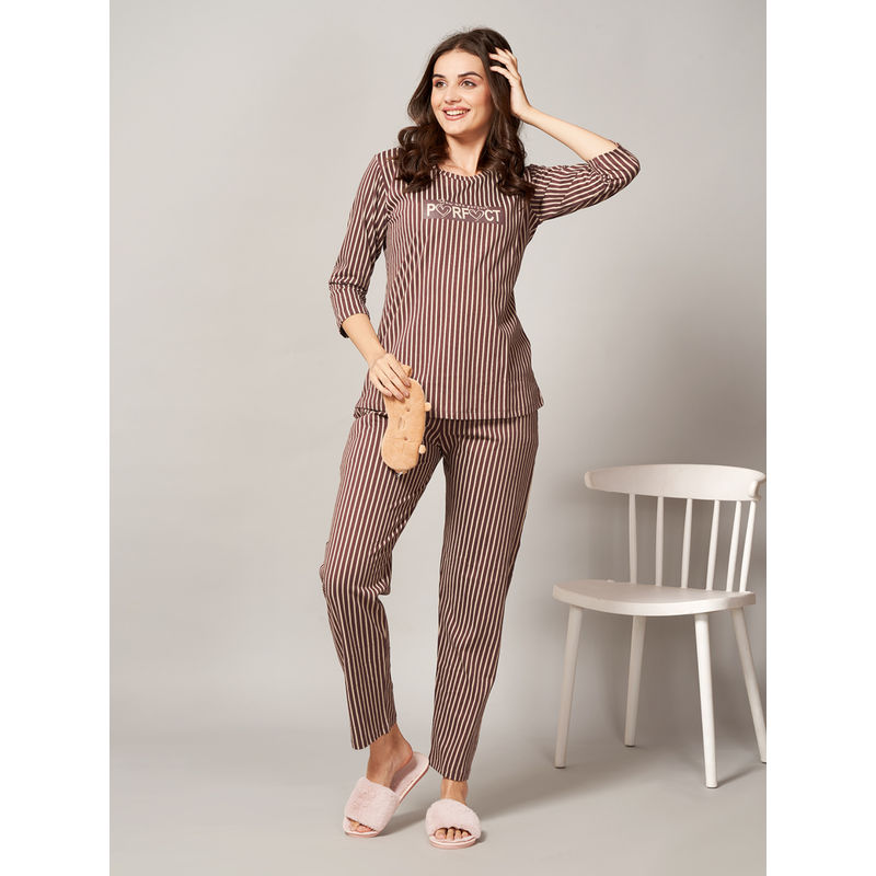 Quira Women Brown Printed Regular Fit T-shirt & Pyjama (2XL)