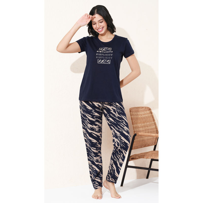 Quira Women Navy Blue Printed Regular Fit T-shirt & Pyjama (S)