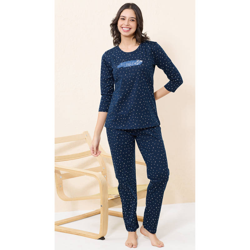 Quira Women Navy Blue Printed Regular Fit T-shirt & Pyjama (S)