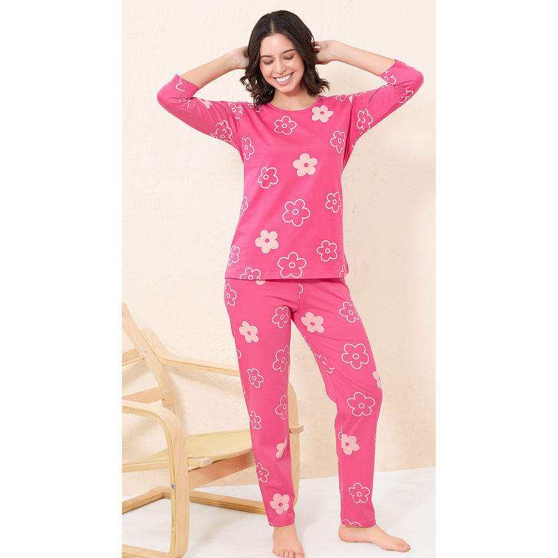 Quira Women Pink Printed Regular Fit T-shirt & Pyjama (L)