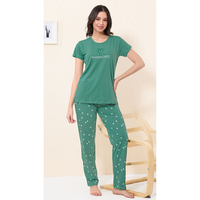 Quira Women Green Printed Regular Fit T-shirt & Pyjama (S)