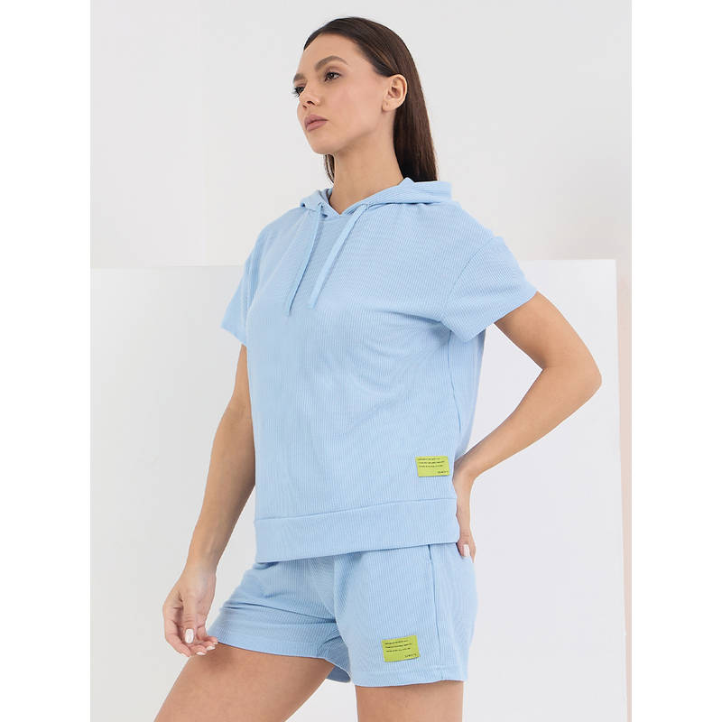 Sweet Dreams Women Blue Textured Hoodie & Shorts (M)