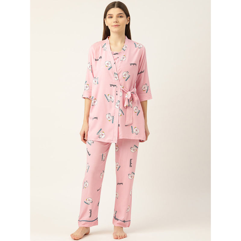 Sweet Dreams Women Printed Rayon Pink Shirt with Inner & Pyjama (M)