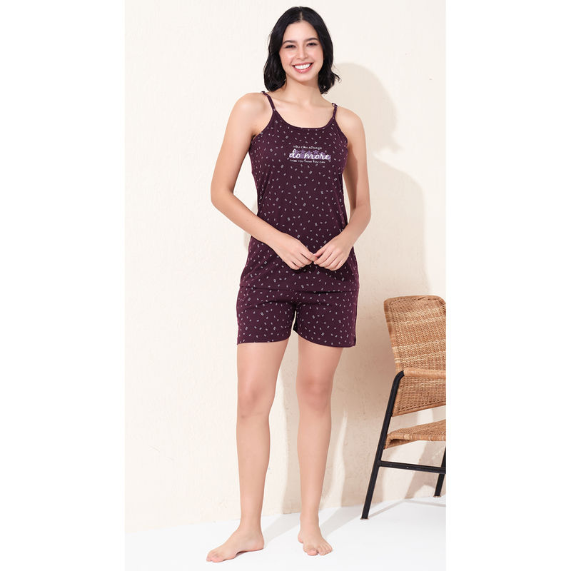 Quira Women Wine Printed Regular Fit Top & Shorts (M)