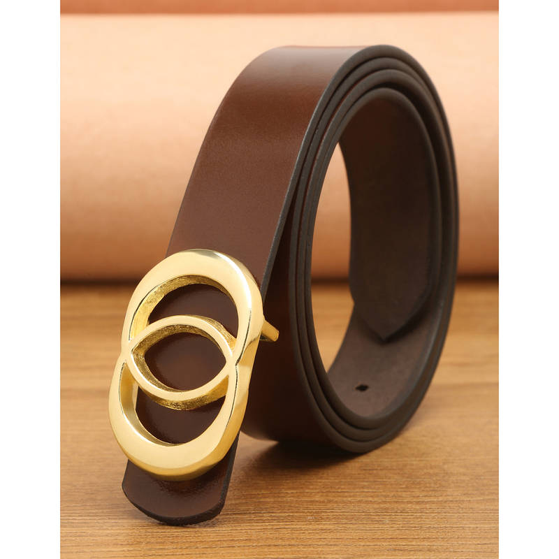 Teakwood Women Brown And Gold Tone Solid Genuine Leather Belt (30)