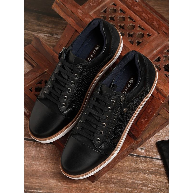 EZOK Men Black Lace Up Solid Leather Sneakers (UK 6)