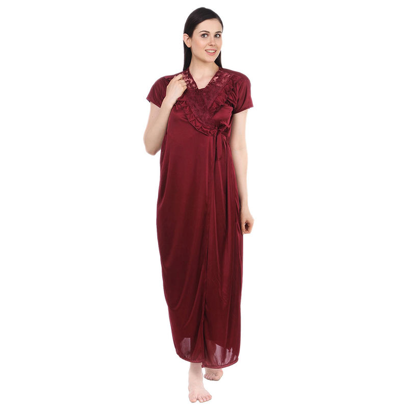 Fasense Women Satin Night Wear Sleepwear Solid Robe SR031 - Maroon (M)