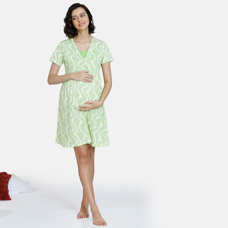 Zivame Optics Fun Maternity Knit Cotton Knee Length Nightdress -Jade Lime (S)
