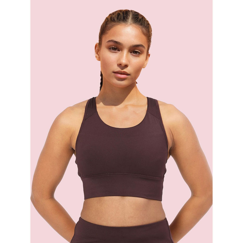 Enamor A202 Medium Impact Quick Dry Longline Workout Sports Bra Brown (XL)