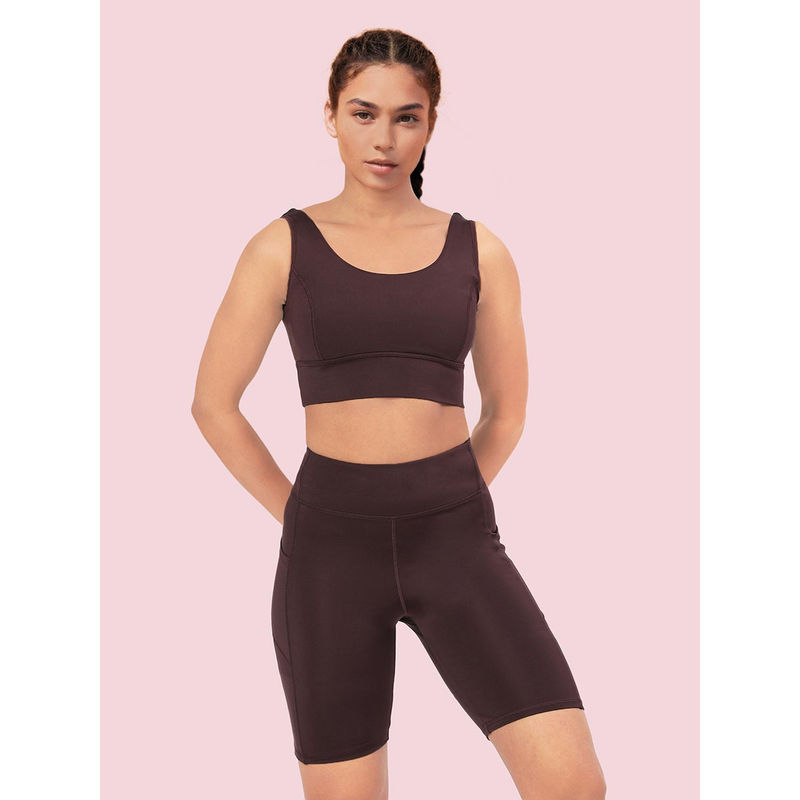 Enamor A206 Womens Criss Cross High Impact Long Line Sports Bra Brown (S)