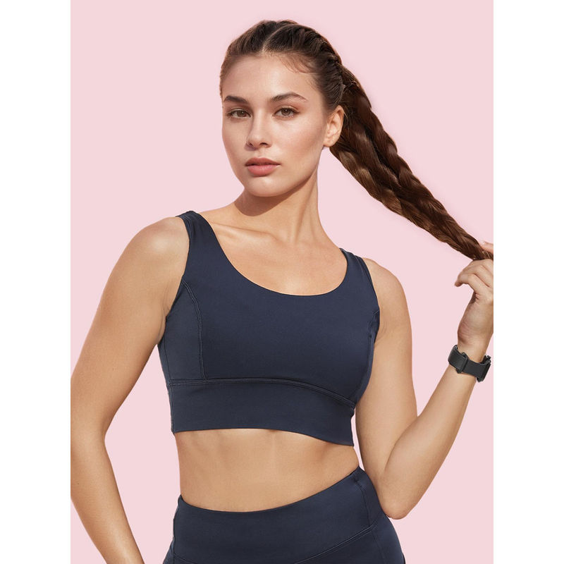 Enamor A206 Womens Criss Cross High Impact Long Line Sports Bra Navy Blue (S)