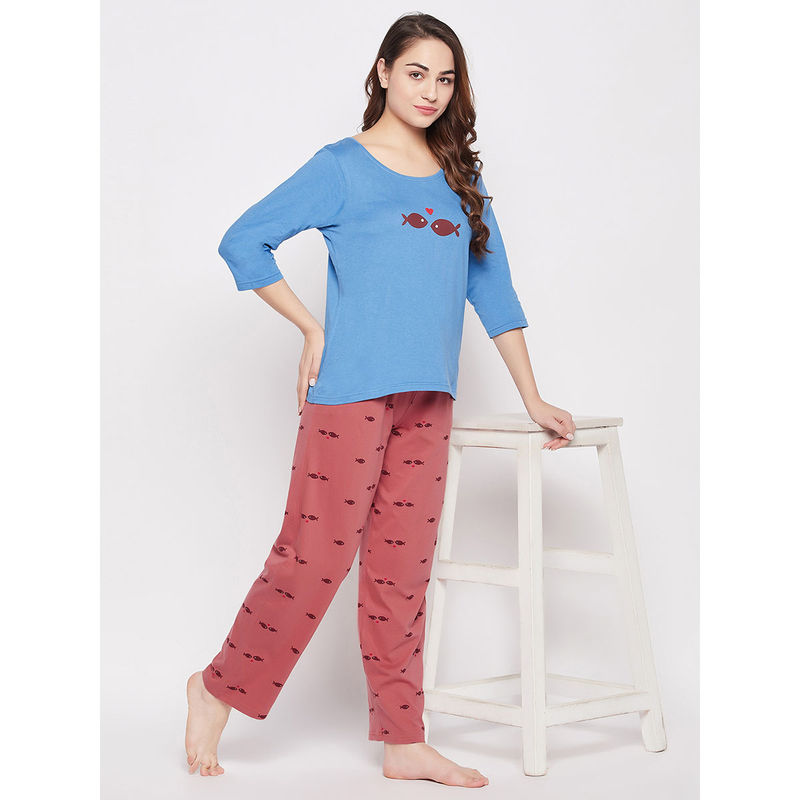 Clovia Cotton Printed Top And Pyjama Blue (Set of 2) (M)
