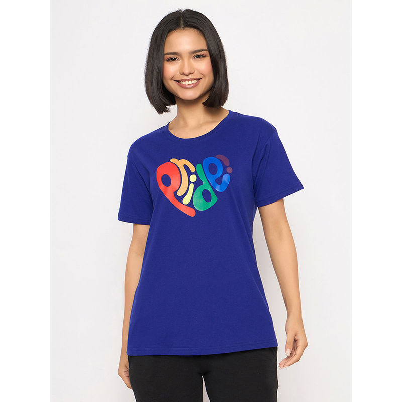 Clovia Cotton Printed Sleep T-Shirt Blue (L)