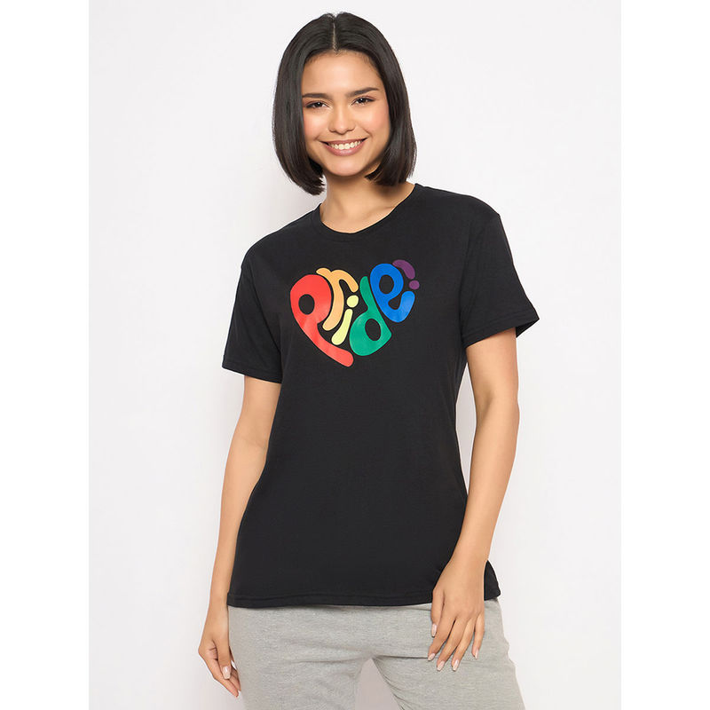 Clovia Cotton Printed Sleep T-Shirt Black (L)