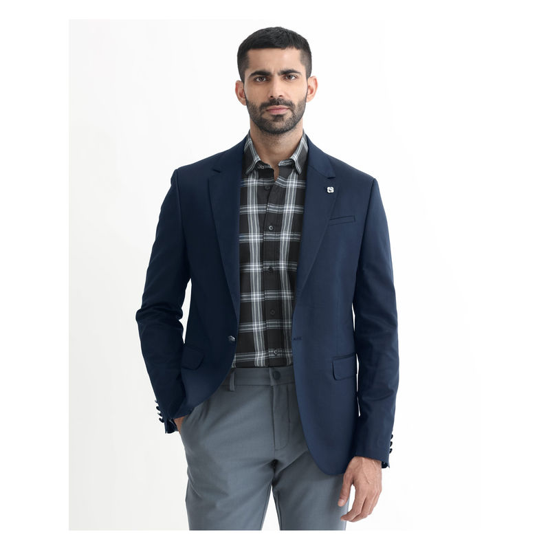 Rare Rabbit Men Envest Dark Navy Blue Plain Tailored Blazer (L)