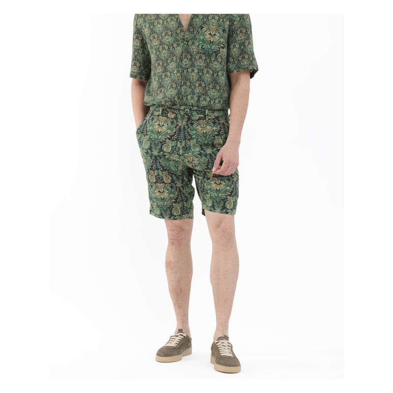 Rare Rabbit Men Rabeno Dark Green Tropical Print Relaxed Fit Shorts (34)