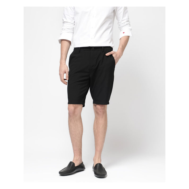 Rare Rabbit Men Trip-1 Black Plain Regular Fit Shorts (30)