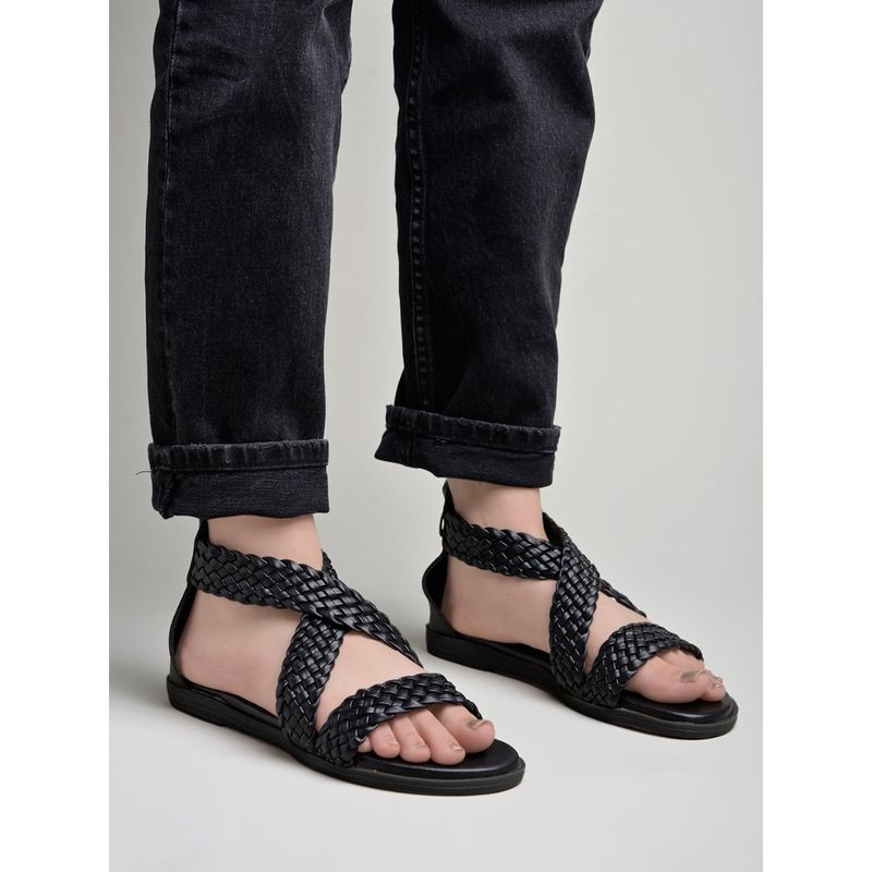 Shoetopia Braided Upper Wrap Strap Black Flat Sandals (EURO 40)