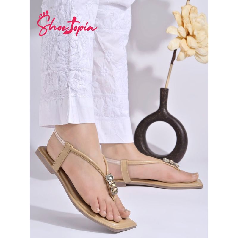 Shoetopia Embellishment Gemstones Jewels Detailed Beige Flat T Strap for Women (EURO 38)