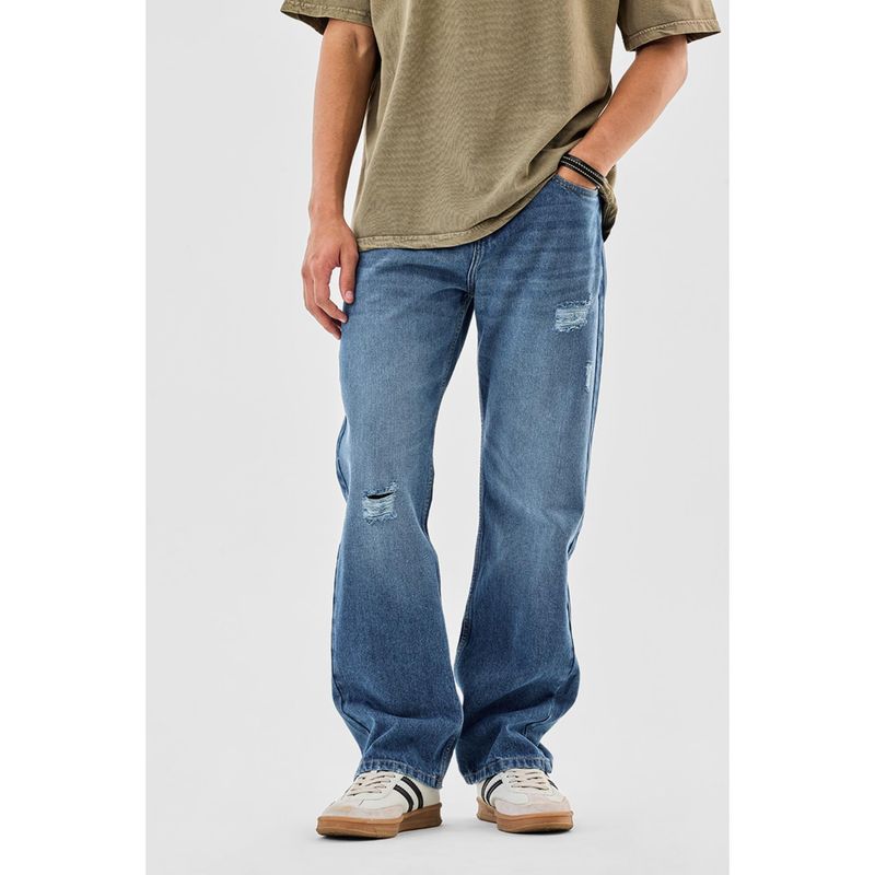 Snitch Mid Blue Washed Straight Fit Casual Jeans (32)