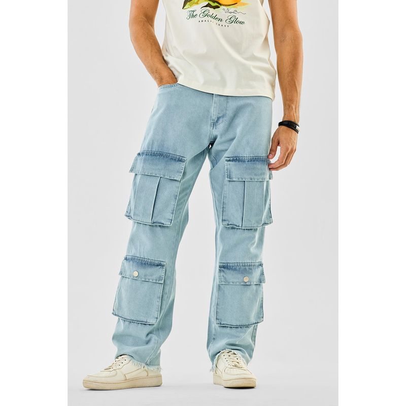 Snitch Mens Light Blue Denim Relaxed Casual Cargo Pant (36)