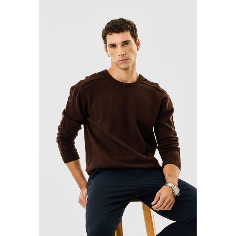 Snitch Brown Self Design Full Sleeves Regular Casual Sweater (XL)