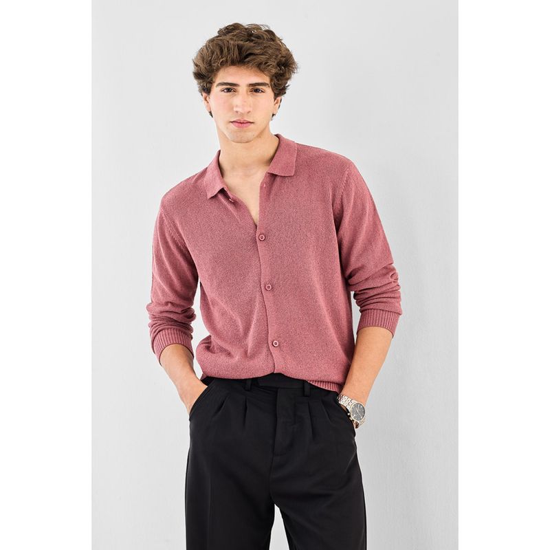 Snitch Pink Self Design Full Sleeves Regular Casual Sweater (M)