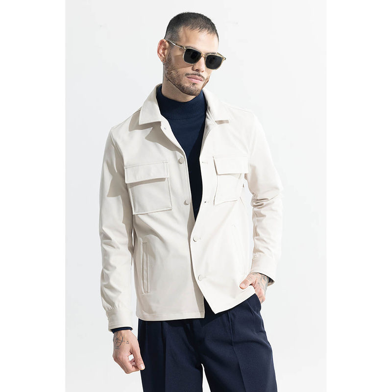 Snitch Off White Plain Full Sleeves Relaxed Casual Shacket for Men (2XL)