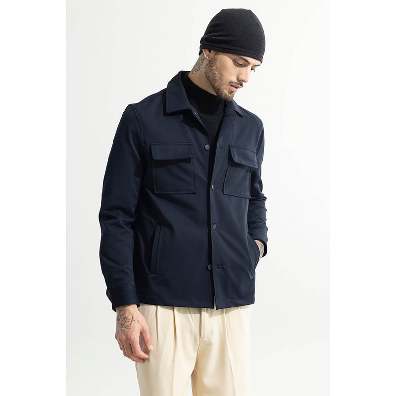 Snitch Navy Blue Plain Full Sleeves Relaxed Casual Shacket for Men (2XL)