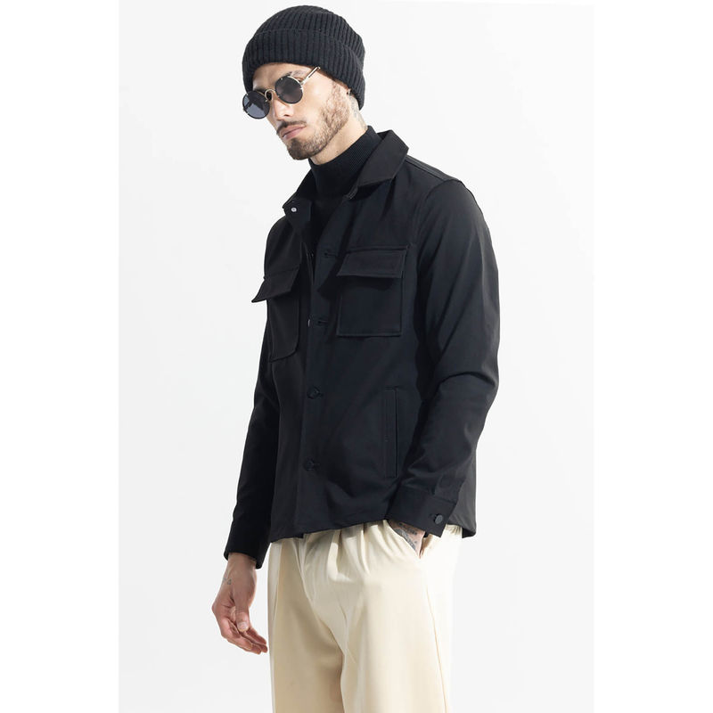 Snitch Black Plain Full Sleeves Relaxed Casual Shacket for Men (2XL)