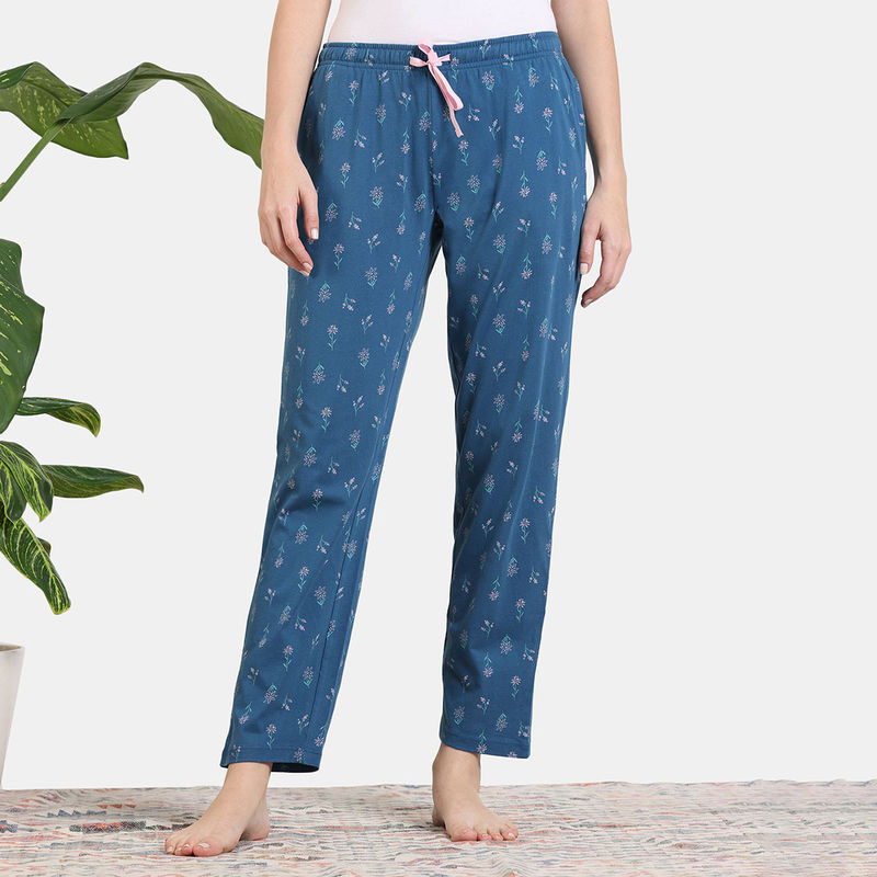 Zivame Scribbled Meadows Knit Cotton Pyjama - Lyons Blue (S)