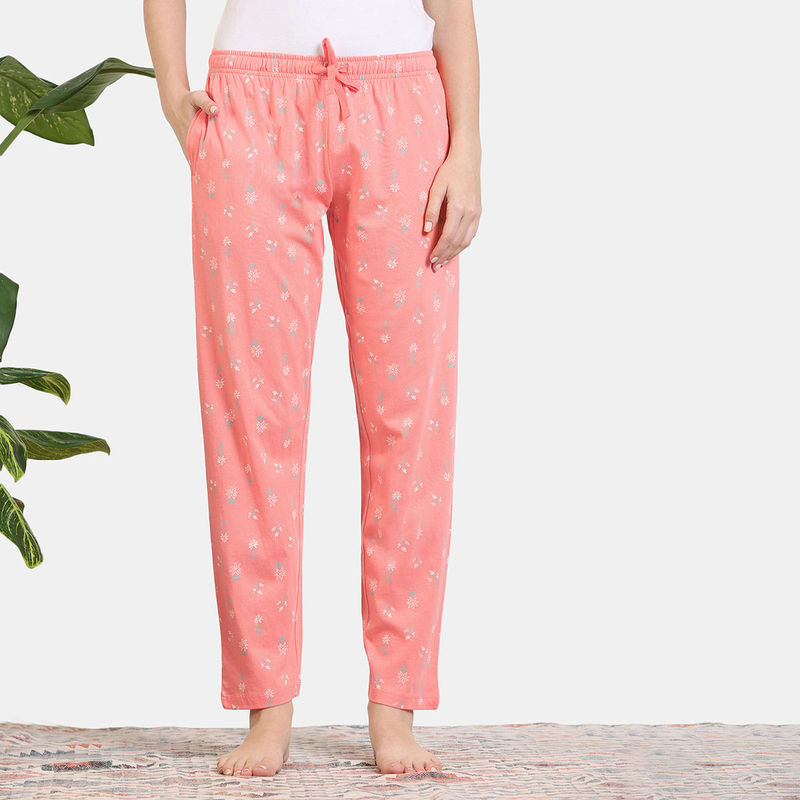 Zivame Scribbled Meadows Knit Cotton Pyjama - Desert Pink (L)