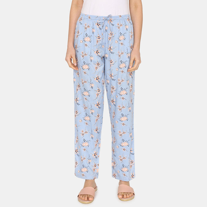 Zivame Pretty Florals Woven Pyjama - Cashmere Blue (XL)