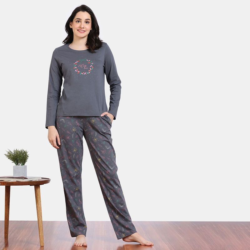 Zivame Shades of Joy Knit Cotton T-Shirt and Pyjama - Iron Gate (XL)