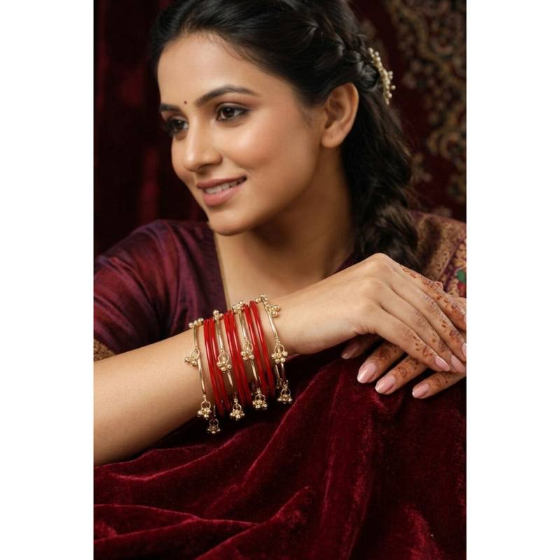 NVR Women Trendy 12 Red with 8 Kashmiri Bangles Ghungroo Charms (2.4)