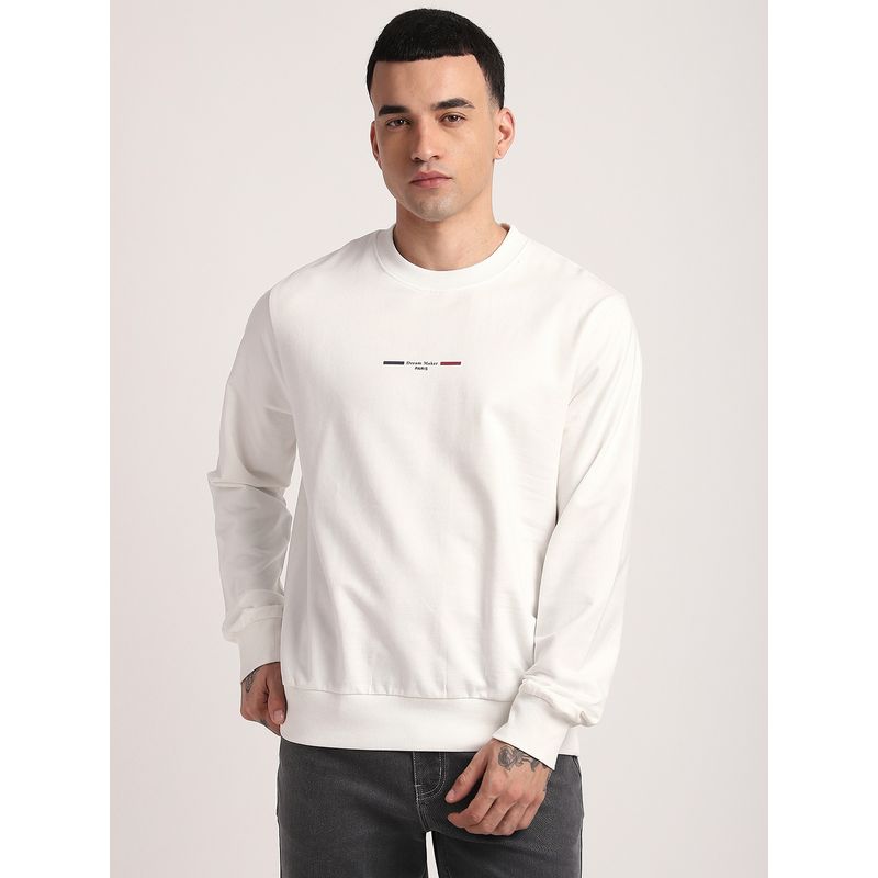 R&B Ivory Cotton Blend Regular Fit Crew Neck Graphic Print Men Sweatshirt (M)