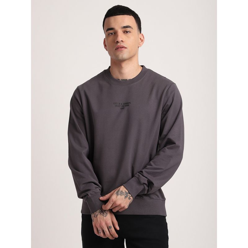 R&B Grey Cotton Blend Regular Fit Crew Neck Graphic Print Men Sweatshirt (XL)