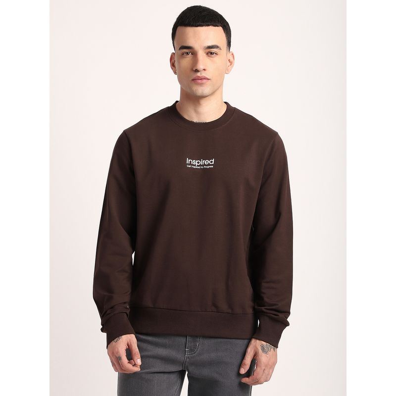 R&B Brown Cotton Blend Regular Fit Crew Neck Graphic Print Men Sweatshirt (S)
