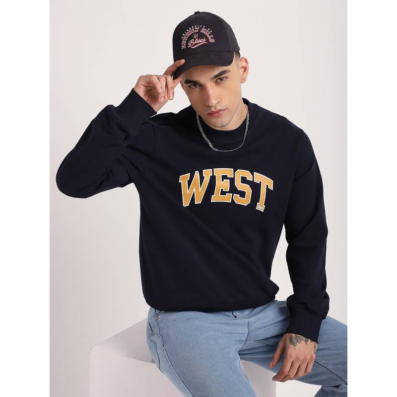 R&B Navy Blue Cotton Blend Regular Fit Crew Neck Graphic Print Men Sweatshirt (XL)