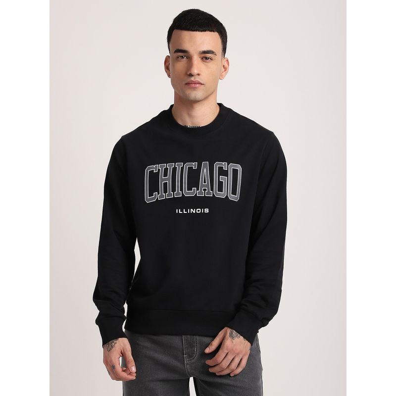 R&B Black Cotton Blend Regular Fit Crew Neck Graphic Print Men Sweatshirt (2XL)