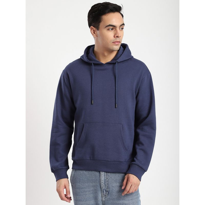 R&B Navy Blue Cotton Blend Regular Fit Hooded Solid Men Hoodie (L)